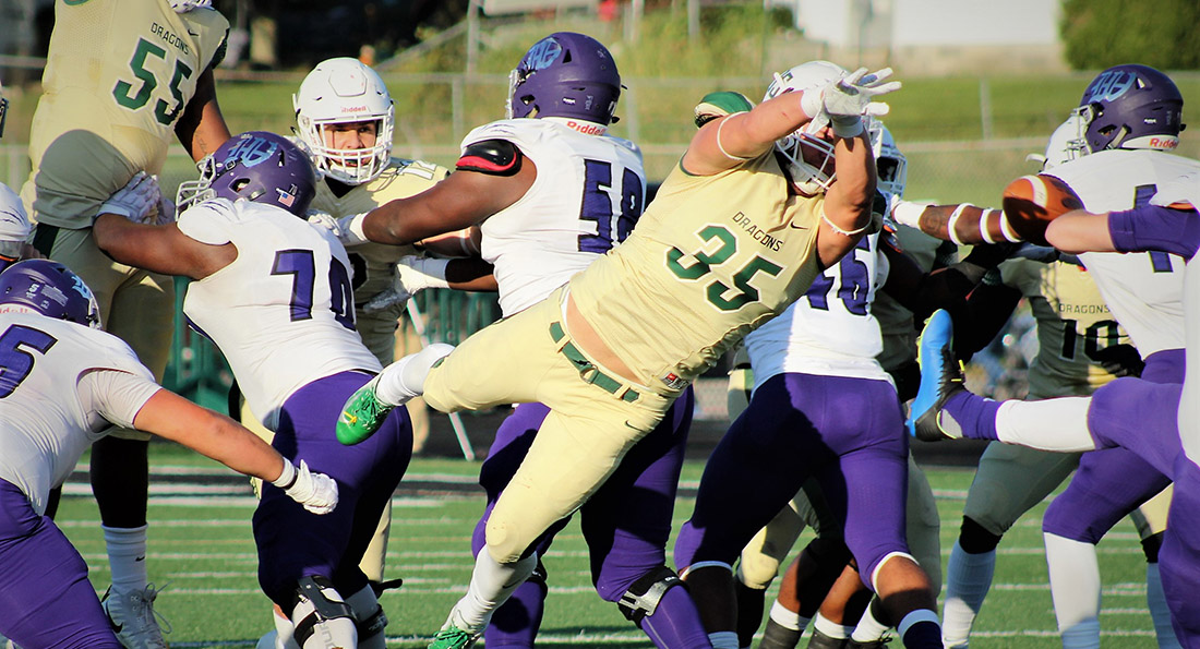 Alex Melfe blocks a field goal attempt at the end of the first half during Tiffin's win over Kentucky Wesleyan.
